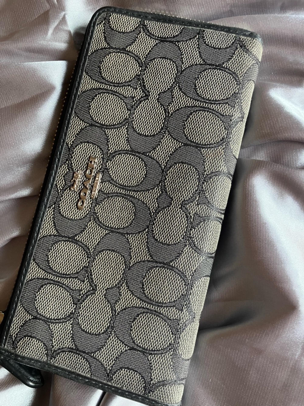 Coach Black and Tan Signature Zip Wallet